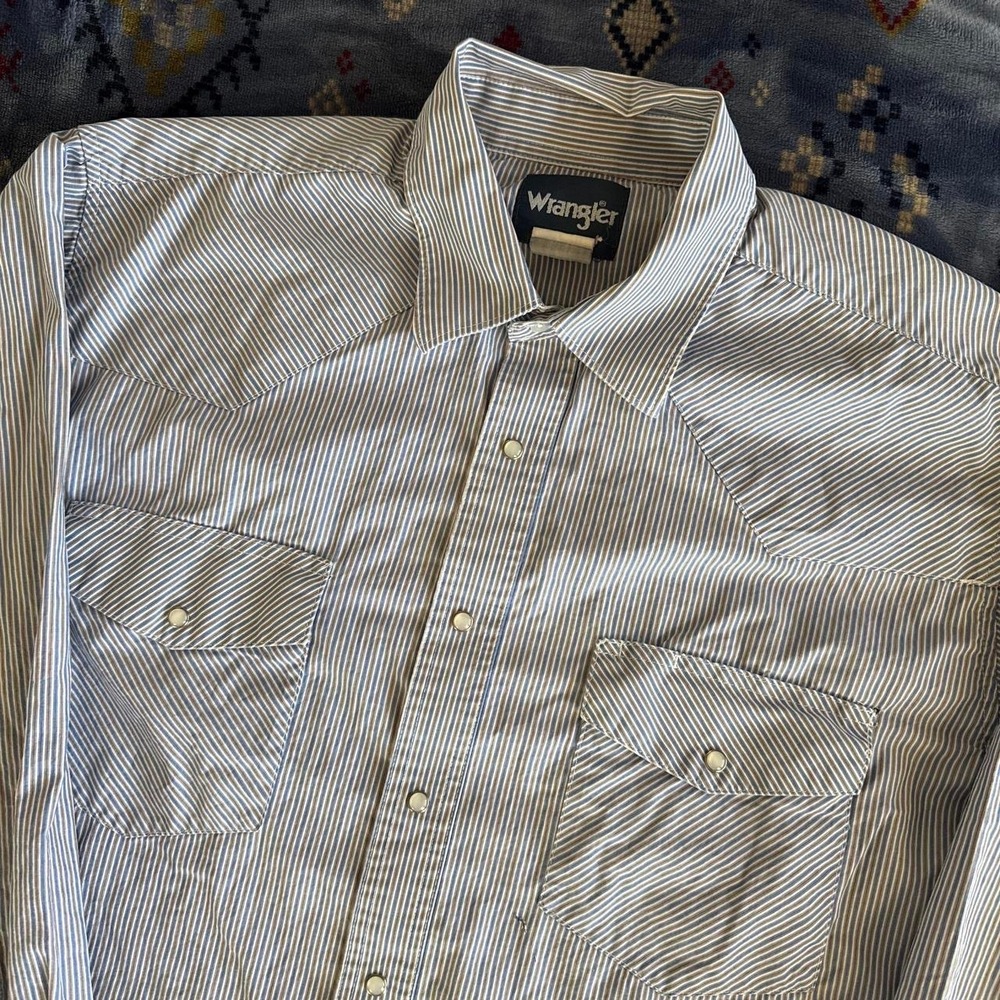 Wrangler Mens Blue White Striped Western Pearl Snap Long Sleeve Shirt Large
